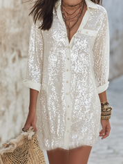 Bohemian Style White Sequined Button Shirt Dress