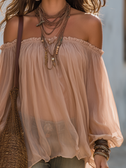 Resort-style Nude Chiffon Off-shoulder Lantern Sleeve Top