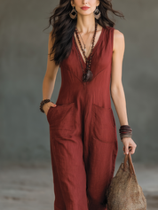 Casual Red Linen Sleeveless Jumpsuit