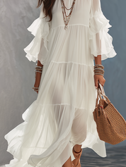 Romantic White Chiffon Ruffled Maxi Dress