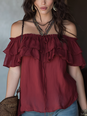 Elegant Brick Red Cotton Linen Off-shoulder Ruffle Top