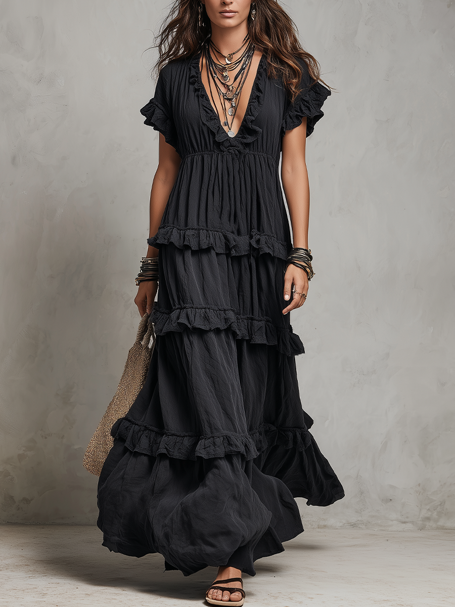 Elegant Black Ruffled Tiered Maxi Dress