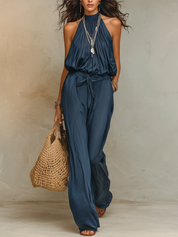 Refined Deep Blue Halter Wide-Leg Pant Suit