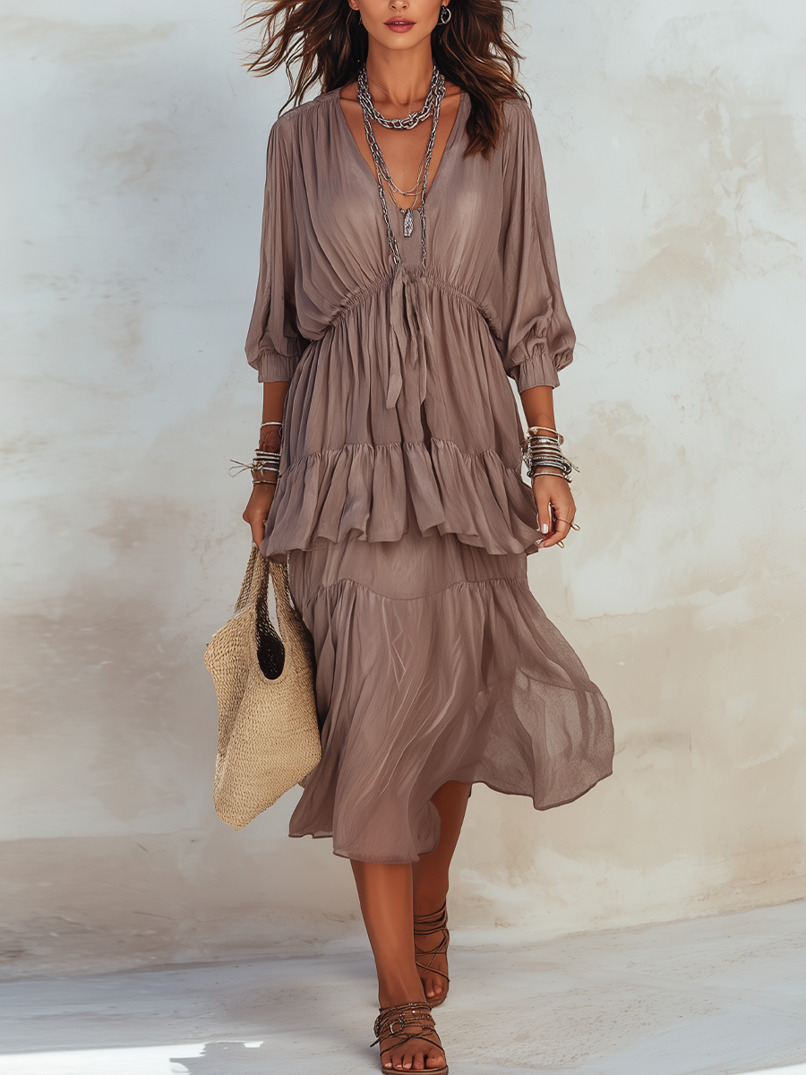 Refined Taupe Ruffled V-Neck Tiered Midi Dress
