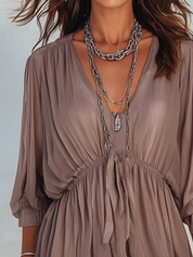 Refined Taupe Ruffled V-Neck Tiered Midi Dress