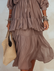 Refined Taupe Ruffled V-Neck Tiered Midi Dress