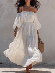 Airy White Off-Shoulder Tiered Maxi Dress