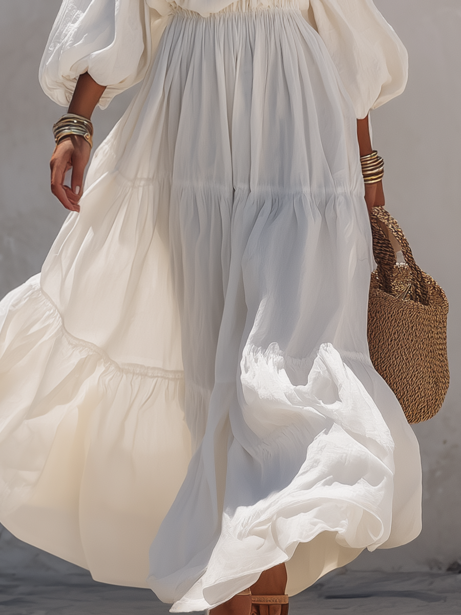 Airy White Off-Shoulder Tiered Maxi Dress