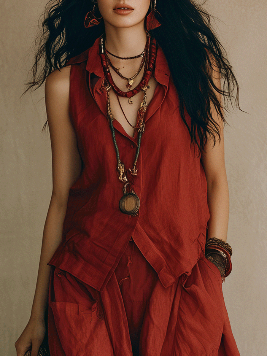 Effortless Bohemian Loose Fit Terracotta Red Top And Trousers