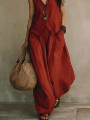 Effortless Bohemian Loose Fit Terracotta Red Top And Trousers