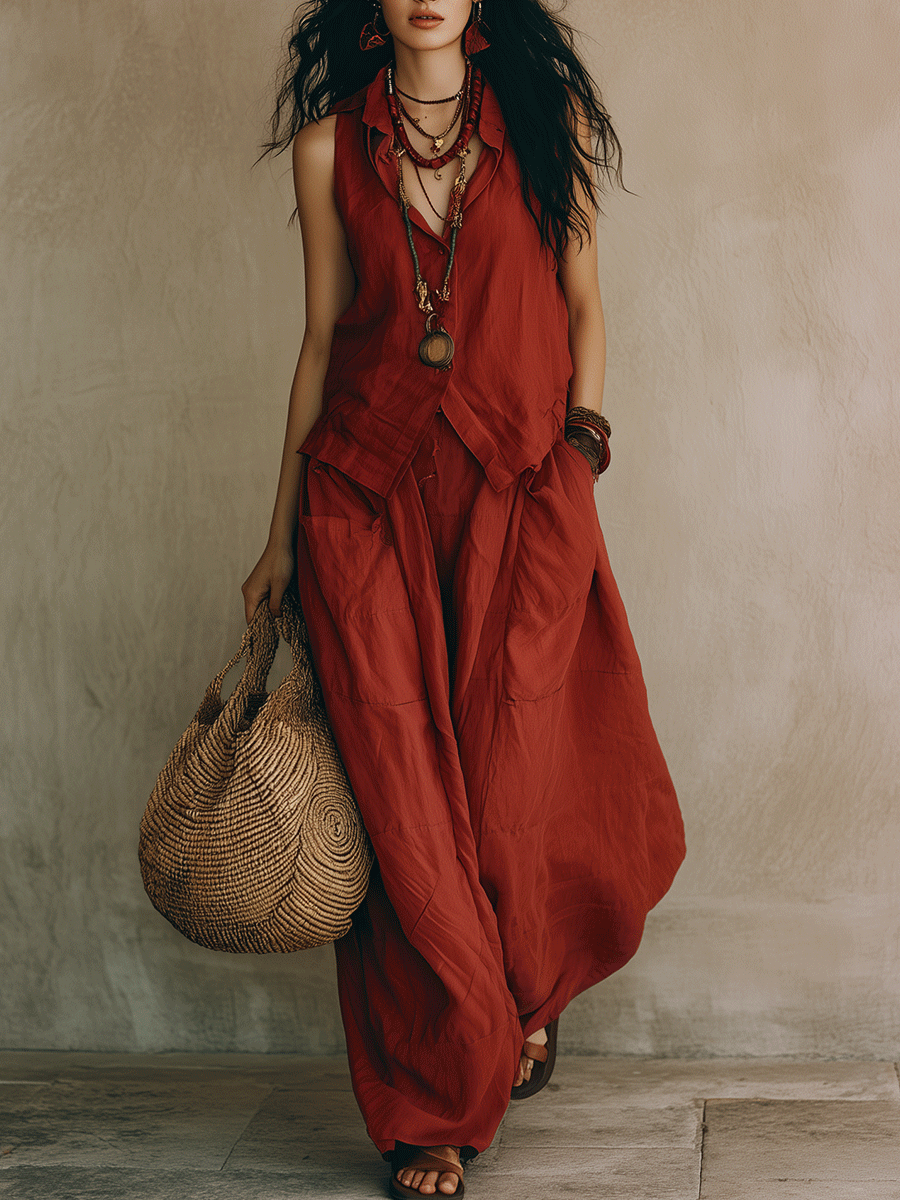 Effortless Bohemian Loose Fit Terracotta Red Top And Trousers