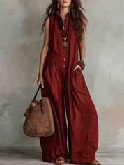 Effortless Boho Sleeveless Wide-Leg Brick Red Jumpsuit