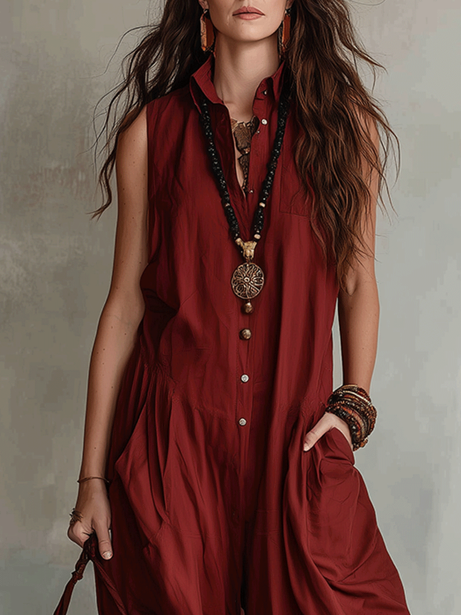 Effortless Boho Sleeveless Wide-Leg Brick Red Jumpsuit