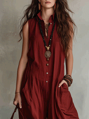 Effortless Boho Sleeveless Wide-Leg Brick Red Jumpsuit