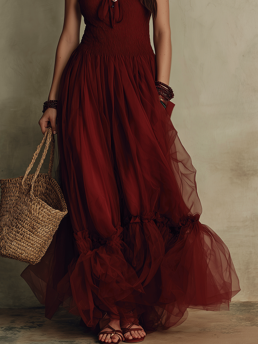 Romantic Boho Tiered Tulle Burgundy Maxi Dress
