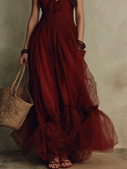 Romantic Boho Tiered Tulle Burgundy Maxi Dress