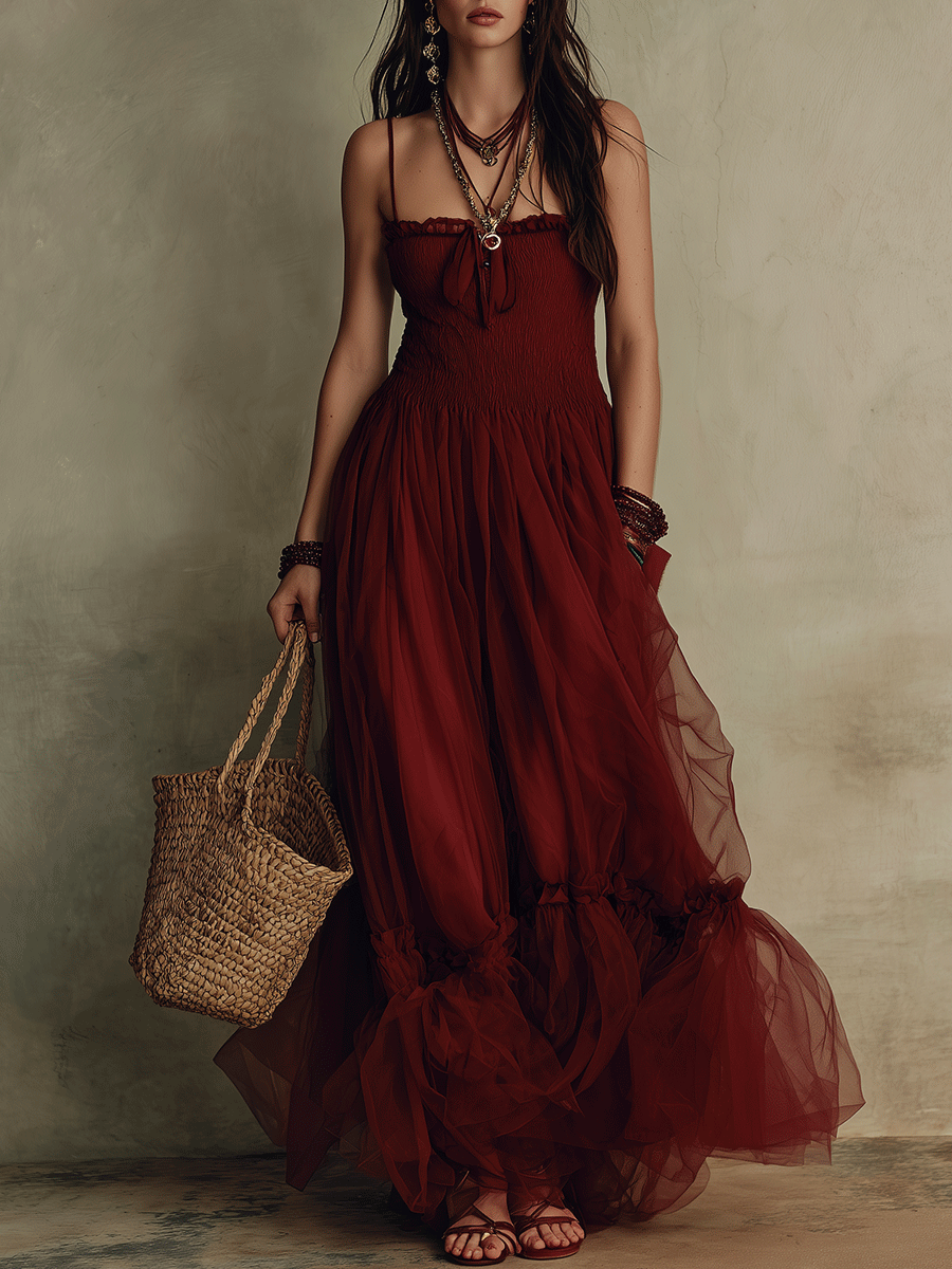 Romantic Boho Tiered Tulle Burgundy Maxi Dress