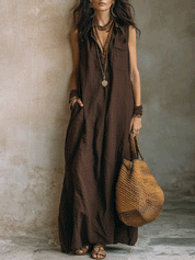 Minimalist Casual Sleeveless Chocolate Brown Shirt Maxi Dress