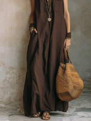 Minimalist Casual Sleeveless Chocolate Brown Shirt Maxi Dress