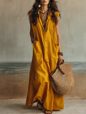 Relaxed Fit In Ochre Yellow Statement Bohemian Maxi Dress