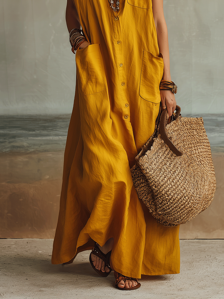 Relaxed Fit In Ochre Yellow Statement Bohemian Maxi Dress
