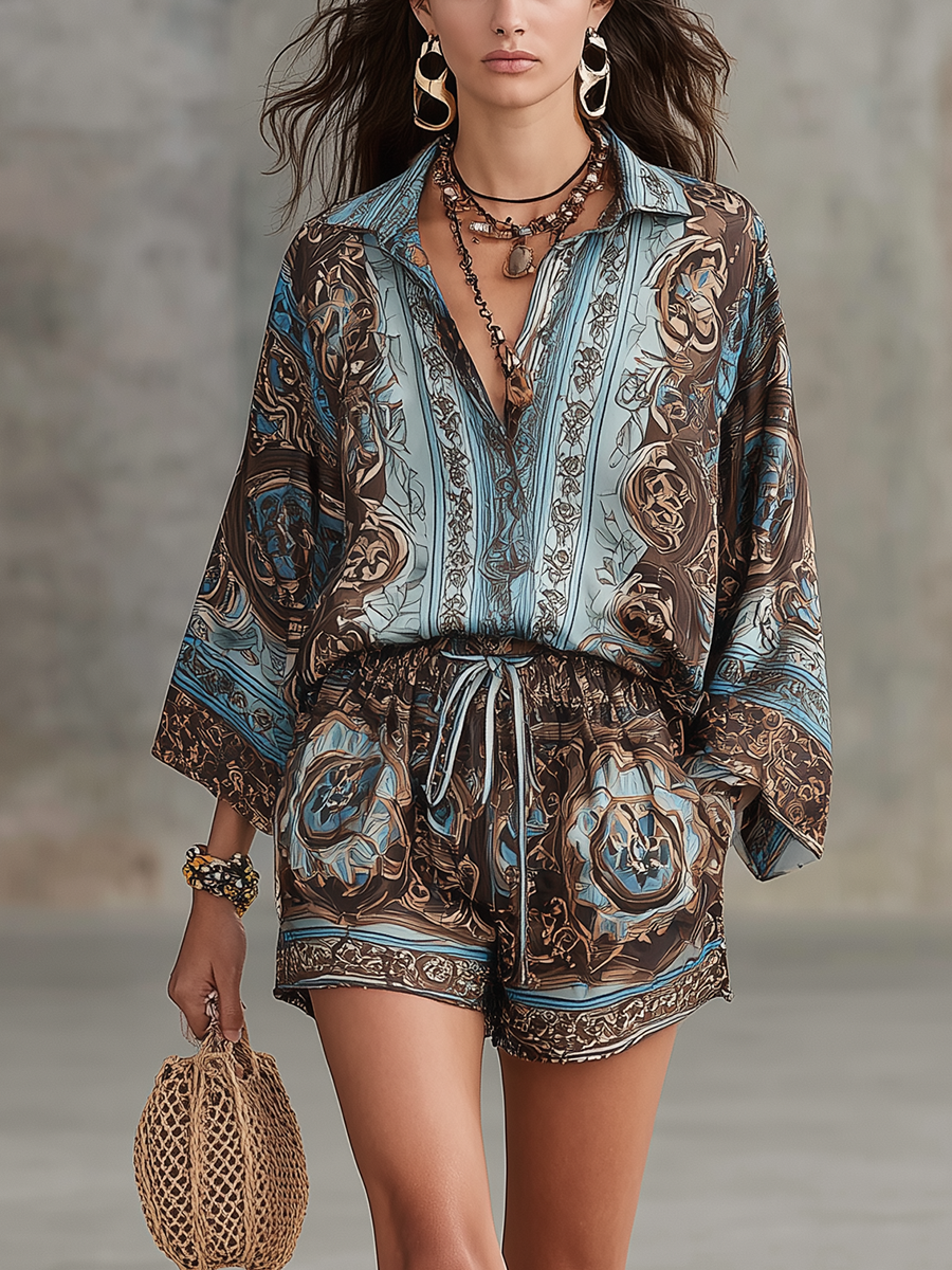Bohemian Blue-brown Printed Bell Sleeve Top And Shorts Set