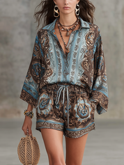Bohemian Blue-brown Printed Bell Sleeve Top And Shorts Set