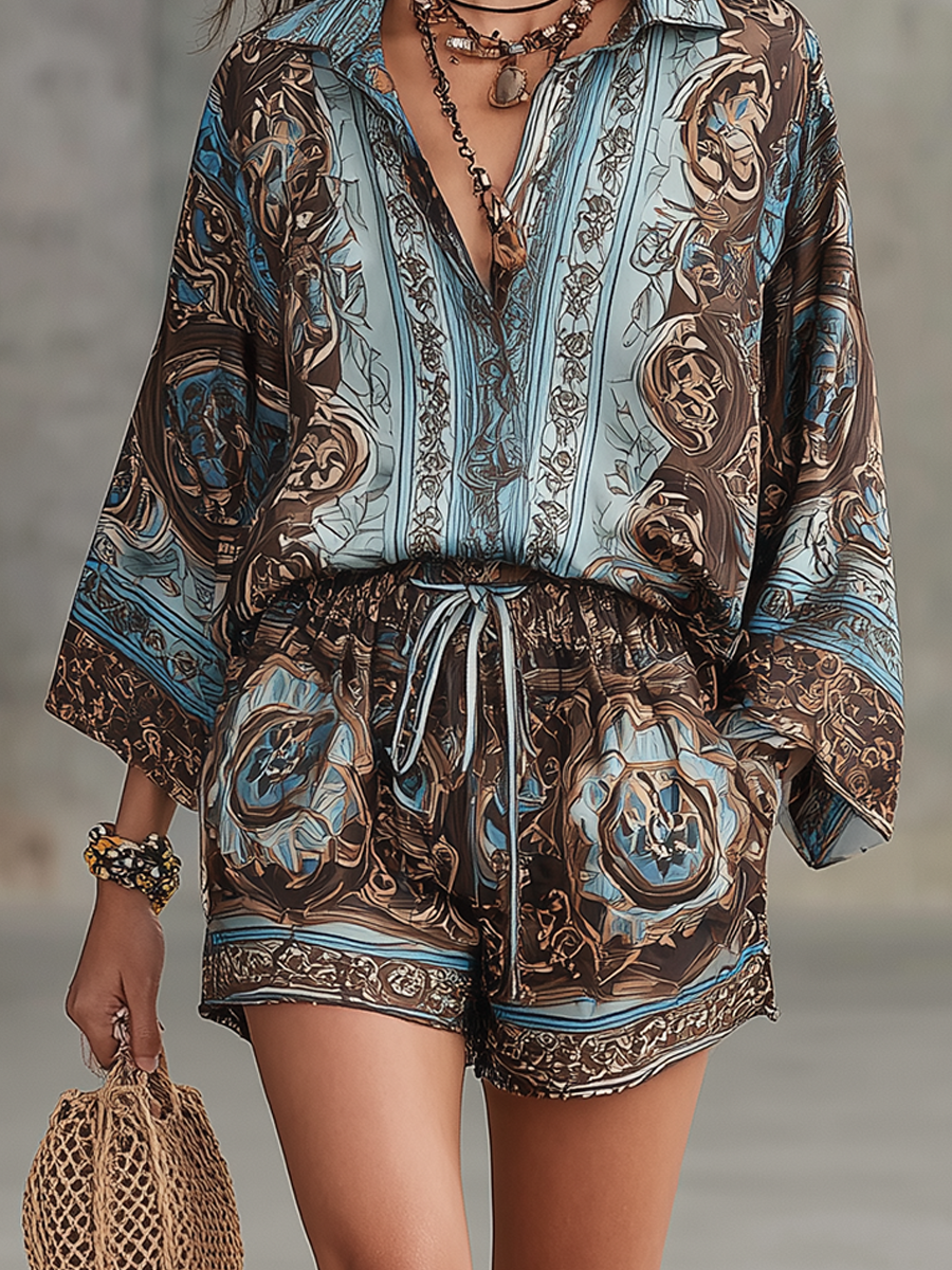 Bohemian Blue-brown Printed Bell Sleeve Top And Shorts Set