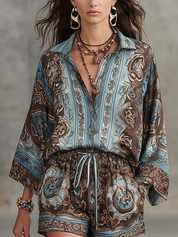 Bohemian Blue-brown Printed Bell Sleeve Top And Shorts Set