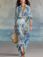 Bohemian Style Blue Floral Chiffon Three Quarter Sleeve Long Dress