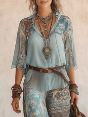 Effortless Boho Aqua Blue Printed Two-Piece Set