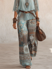 Effortless Boho Aqua Blue Printed Two-Piece Set