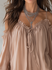 Soft Apricot Off-Shoulder Tie Blouse