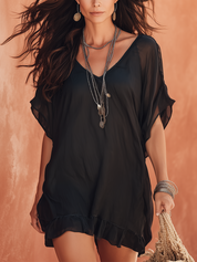 Chic Black Sheer V-Neck Ruffle Mini Dress