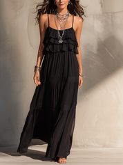 Flowy Black Tiered Strap Maxi Dress