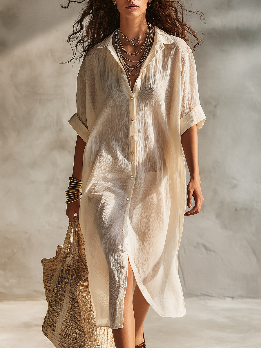 Classic Champagne Button-Down Shirt Midi Dress