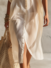 Classic Champagne Button-Down Shirt Midi Dress