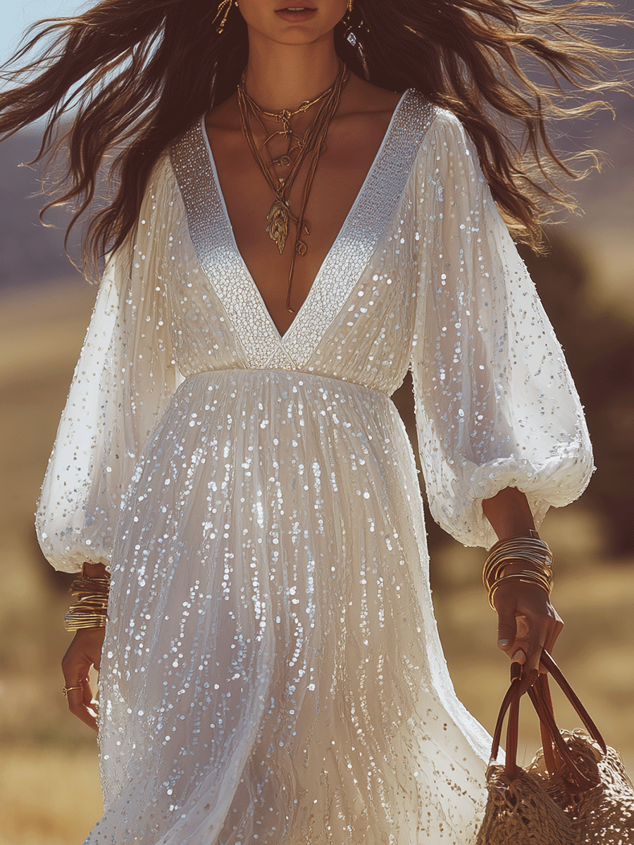 Effortless Boho Ivory Sequin Midi Dress