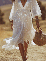 Effortless Boho Ivory Sequin Midi Dress