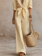 Effortless Soft Beige Boho Tie-Front Wide-Leg Jumpsuit
