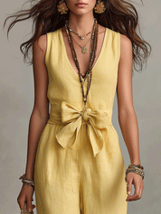 Lightweight Boho Bow Waist And Flowy Silhouette Jumpsuit