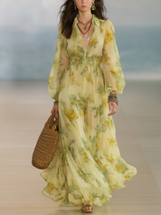 Romantic Boho Lemon Yellow Chiffon Long Sleeve Maxi Dress