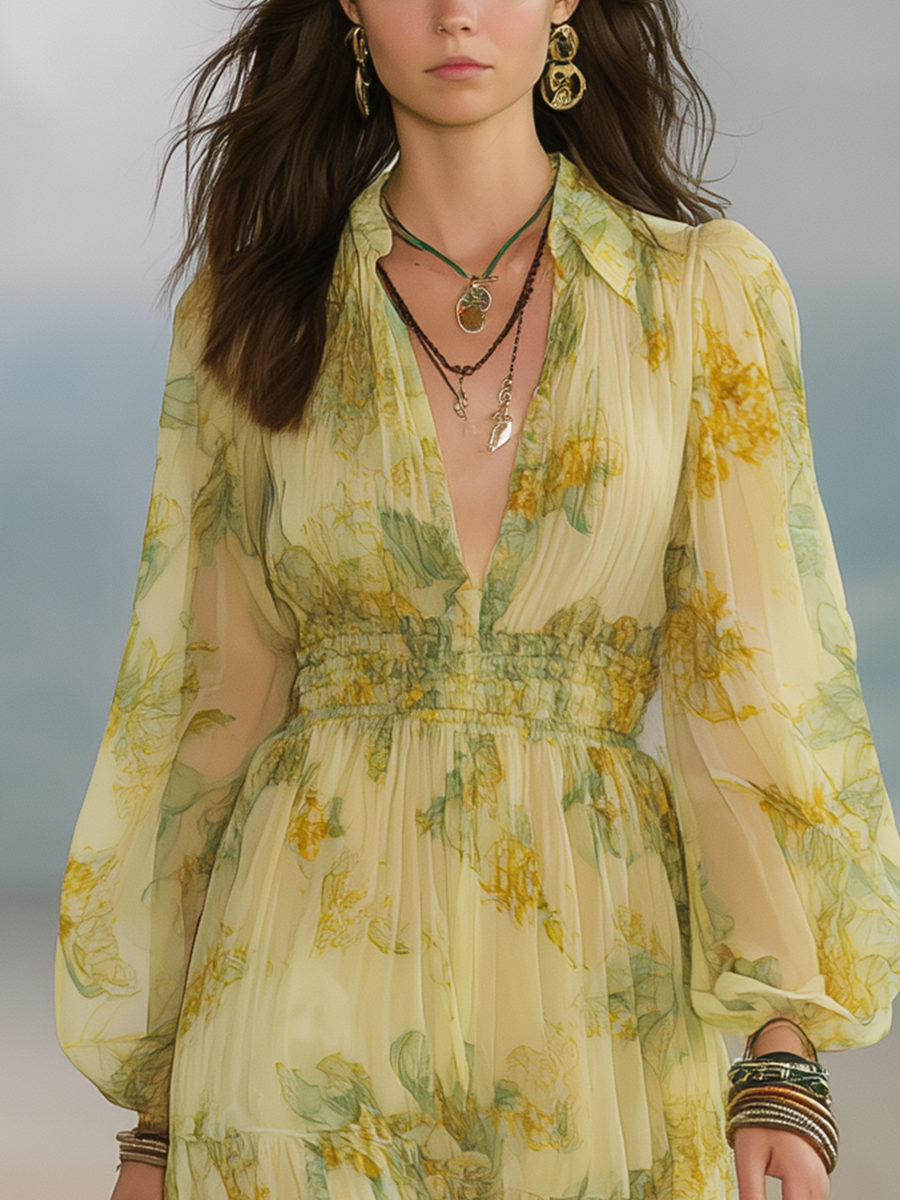 Romantic Boho Lemon Yellow Chiffon Long Sleeve Maxi Dress