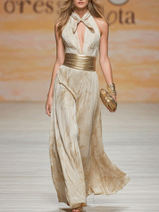Elegant Halter Champagne Gold Jumpsuit