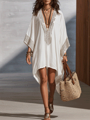 Effortless Boho V-Neck Ivory Kaftan Dress