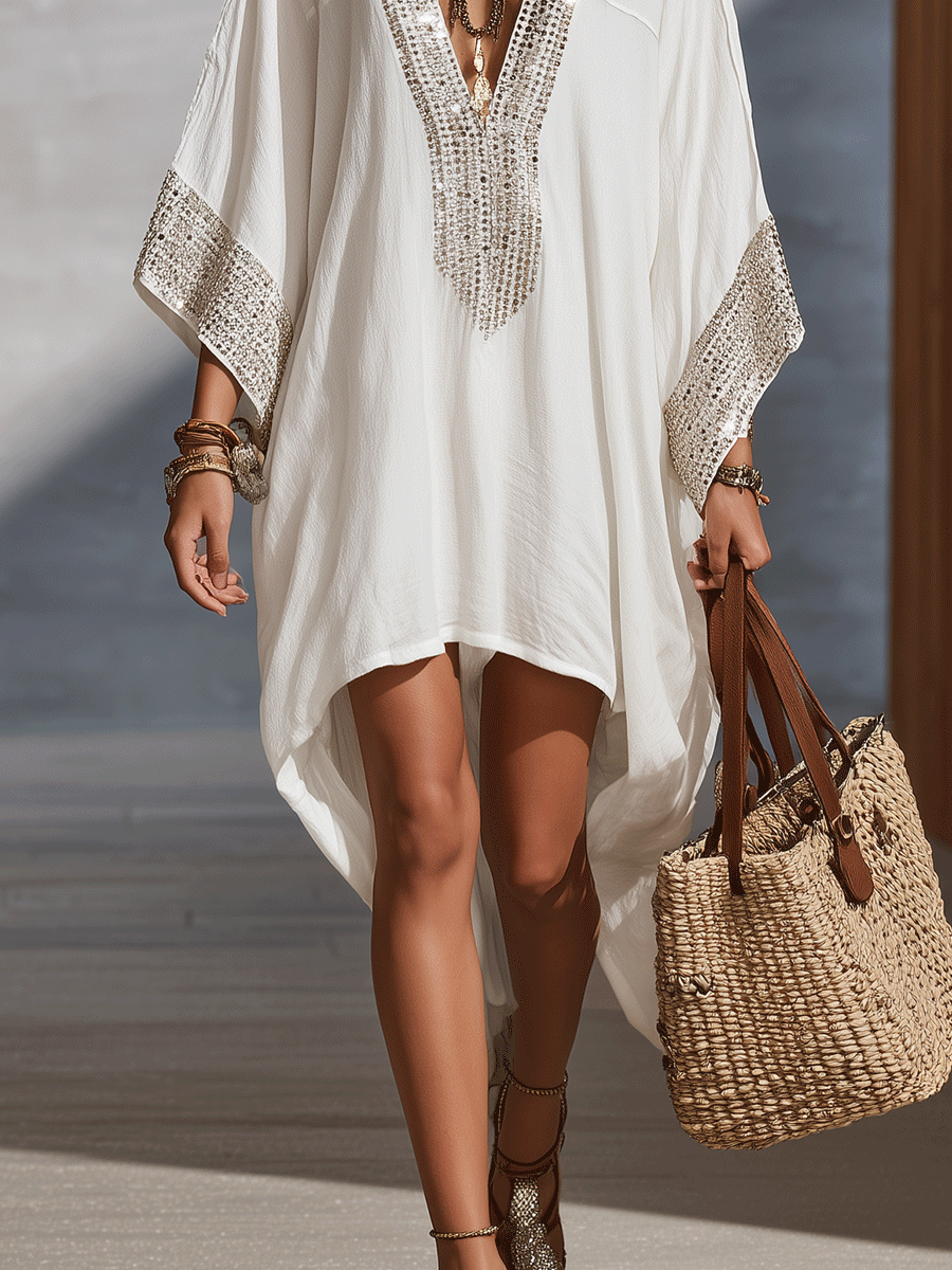 Effortless Boho V-Neck Ivory Kaftan Dress