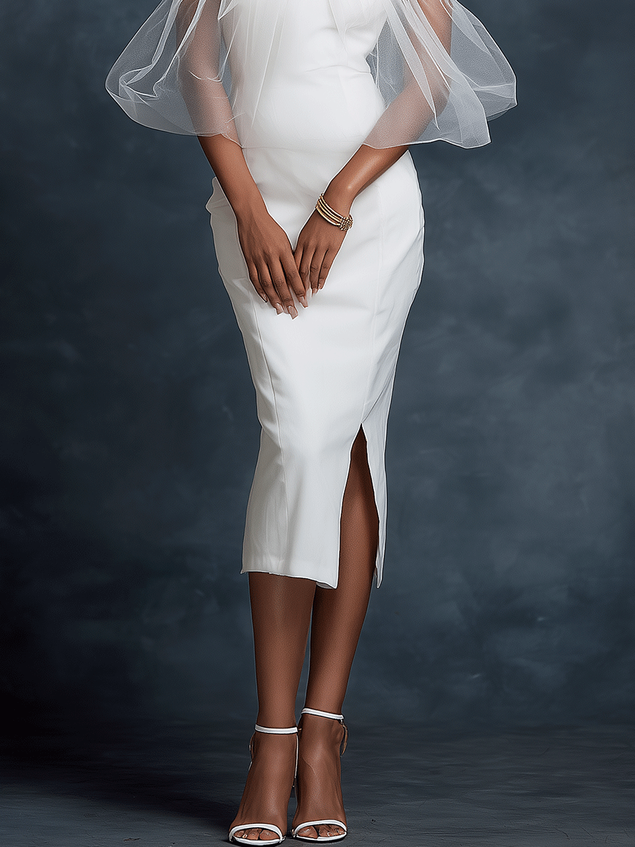 Chic White Side Slit Tulle Puff Sleeves Bodycon Midi Dress