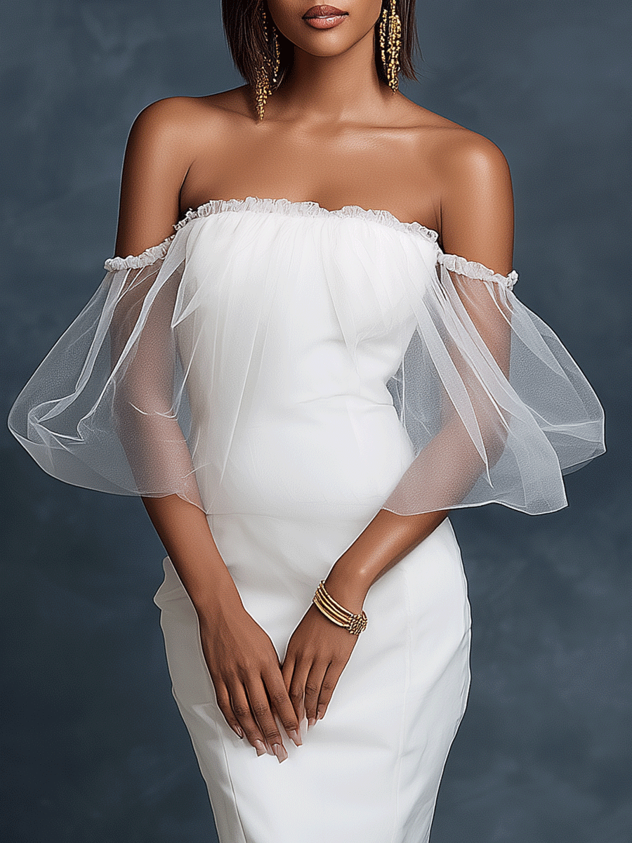 Chic White Side Slit Tulle Puff Sleeves Bodycon Midi Dress