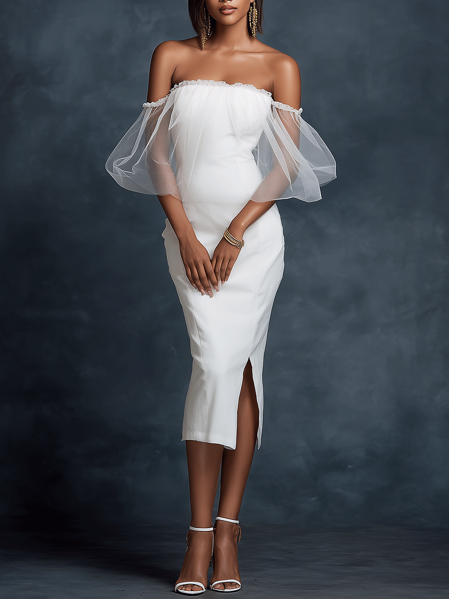 Chic White Side Slit Tulle Puff Sleeves Bodycon Midi Dress