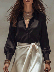 Elegant Effortless Chic Satin Blouse & Wrap Midi Skirt Set